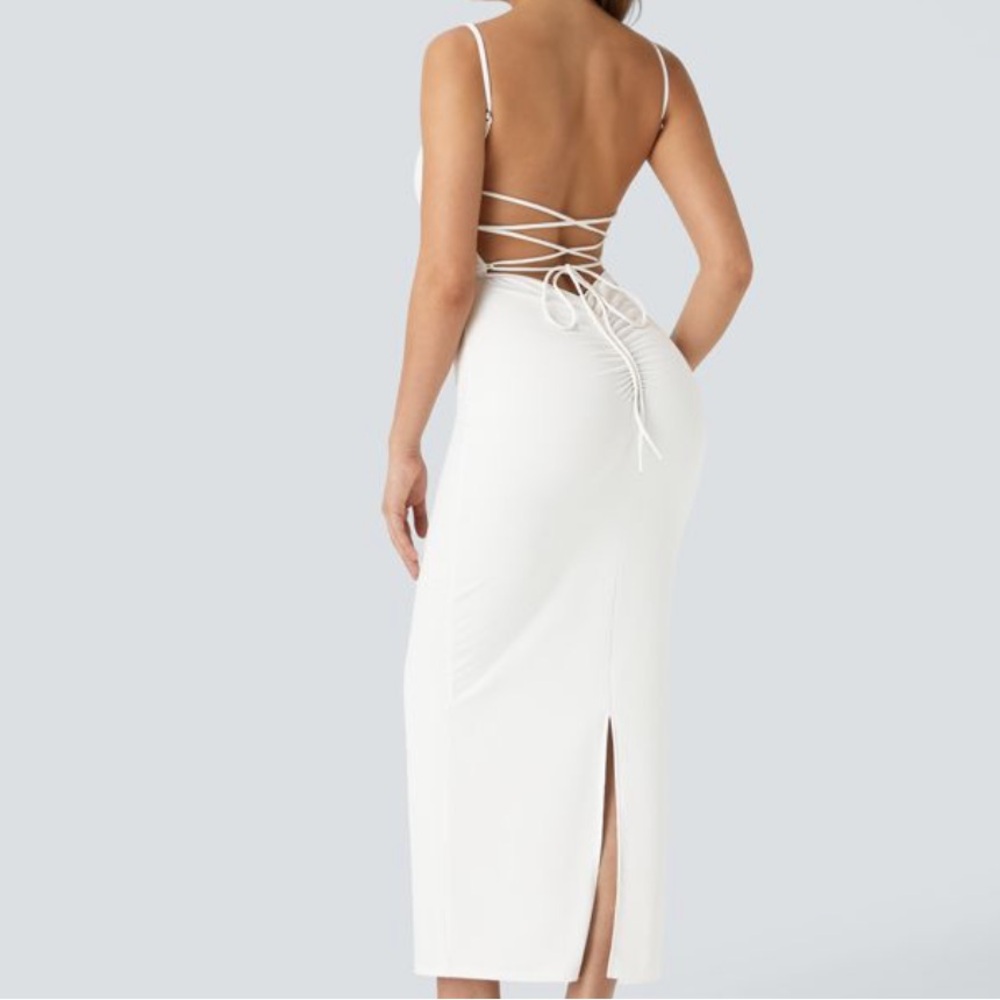 Halara Corset Lace Up Ruched Midi Dress in White Size XSmall